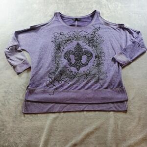 Rock & Republic Shirt Womens Medium Purple Cold Shoulder Glitter Fleur De Lis